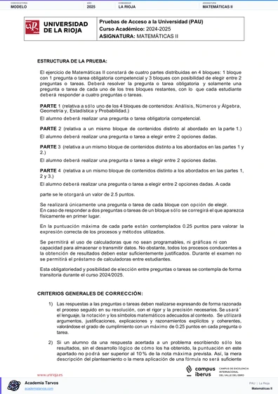 Vista previa de Modelo PAU de Matemáticas II de La Rioja 2025