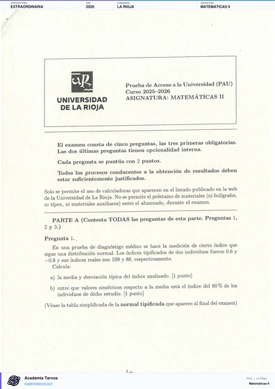 Vista previa de Examen PAU de Matemáticas II de La Rioja 2026 – Extraordinaria