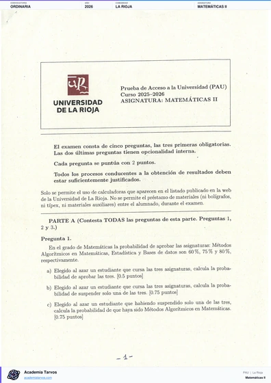 Vista previa de Examen PAU de Matemáticas II de La Rioja 2026 – Ordinaria