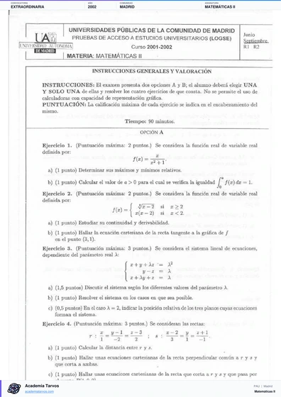 Vista previa de Examen PAU de Matemáticas II de Comunidad de Madrid 2002 – Extraordinaria