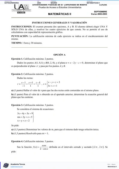 Vista previa de Examen PAU de Matemáticas II de Comunidad de Madrid 2003 – Extraordinaria