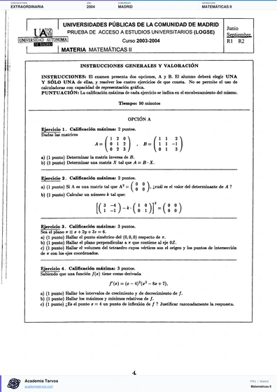 Vista previa de Examen PAU de Matemáticas II de Comunidad de Madrid 2004 – Extraordinaria