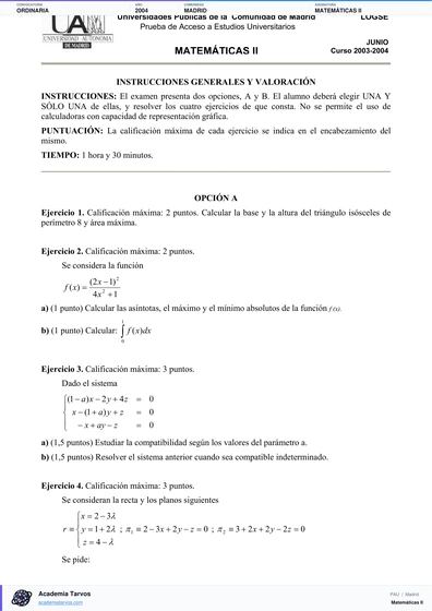 Vista previa de Examen PAU de Matemáticas II de Comunidad de Madrid 2004 – Ordinaria