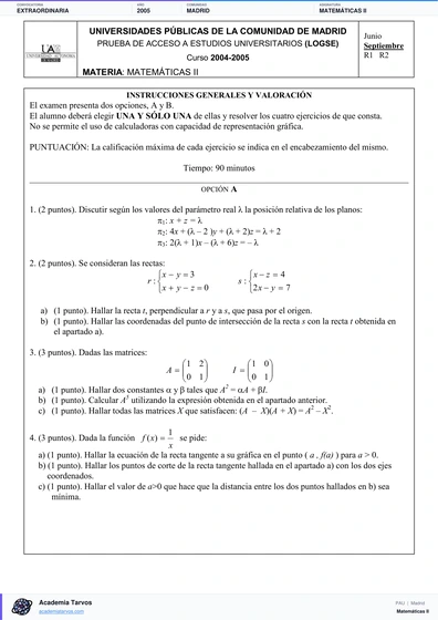 Vista previa de Examen PAU de Matemáticas II de Comunidad de Madrid 2005 – Extraordinaria