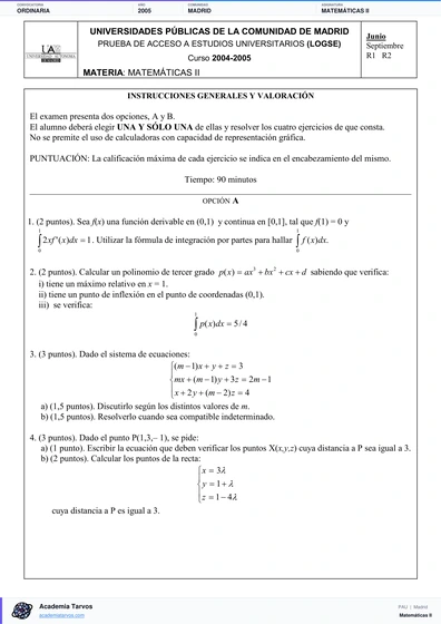 Vista previa de Examen PAU de Matemáticas II de Comunidad de Madrid 2005 – Ordinaria