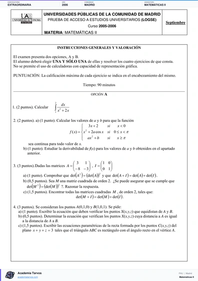 Vista previa de Examen PAU de Matemáticas II de Comunidad de Madrid 2006 – Extraordinaria