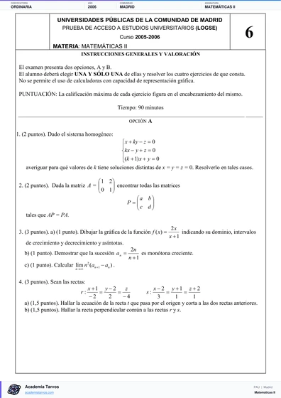 Vista previa de Examen PAU de Matemáticas II de Comunidad de Madrid 2006 – Ordinaria