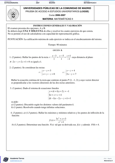 Vista previa de Examen PAU de Matemáticas II de Comunidad de Madrid 2007 – Extraordinaria