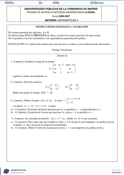 Vista previa de Examen PAU de Matemáticas II de Comunidad de Madrid 2007 – Ordinaria