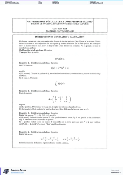 Vista previa de Examen PAU de Matemáticas II de Comunidad de Madrid 2008 – Extraordinaria