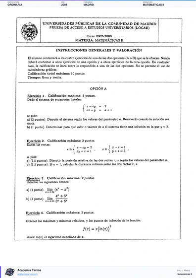 Vista previa de Examen PAU de Matemáticas II de Comunidad de Madrid 2008 – Ordinaria