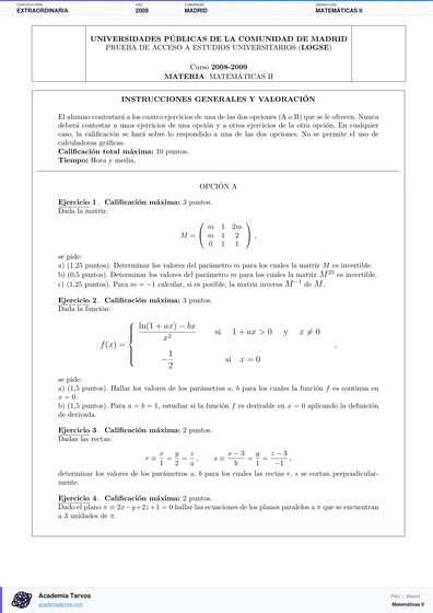 Vista previa de Examen PAU de Matemáticas II de Comunidad de Madrid 2009 – Extraordinaria