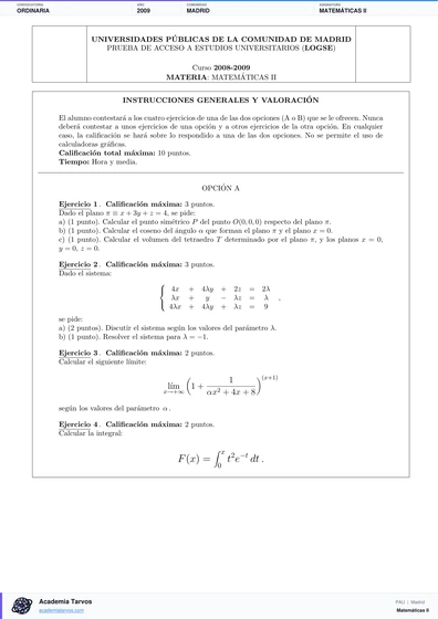 Vista previa de Examen PAU de Matemáticas II de Comunidad de Madrid 2009 – Ordinaria