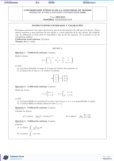 Vista previa de Examen PAU de Matemáticas II de Comunidad de Madrid 2010 – Extraordinaria