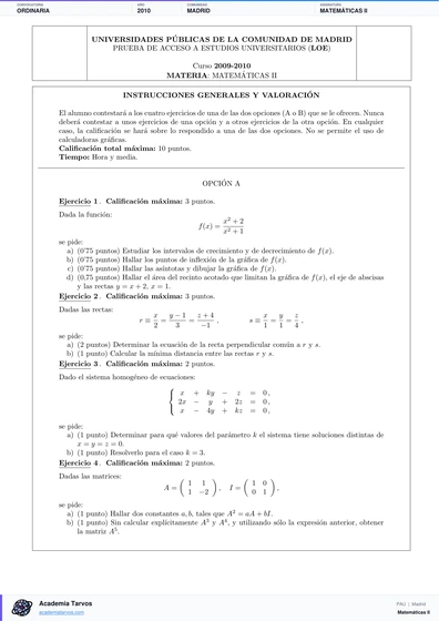 Vista previa de Examen PAU de Matemáticas II de Comunidad de Madrid 2010 – Ordinaria