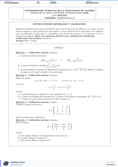 Vista previa de Examen PAU de Matemáticas II de Comunidad de Madrid 2011 – Extraordinaria
