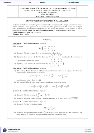Vista previa de Examen PAU de Matemáticas II de Comunidad de Madrid 2011 – Ordinaria