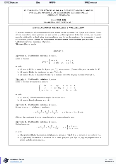 Vista previa de Examen PAU de Matemáticas II de Comunidad de Madrid 2012 – Extraordinaria