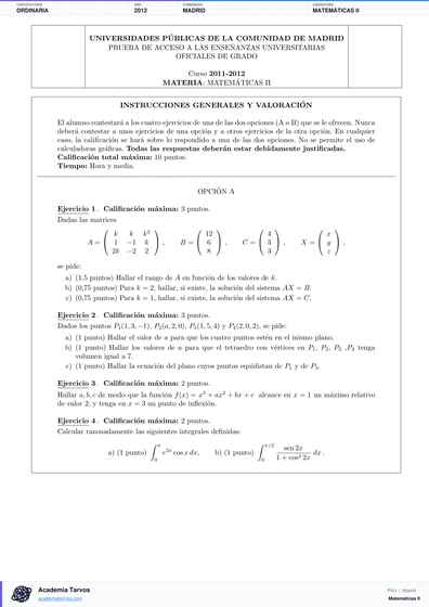 Vista previa de Examen PAU de Matemáticas II de Comunidad de Madrid 2012 – Ordinaria