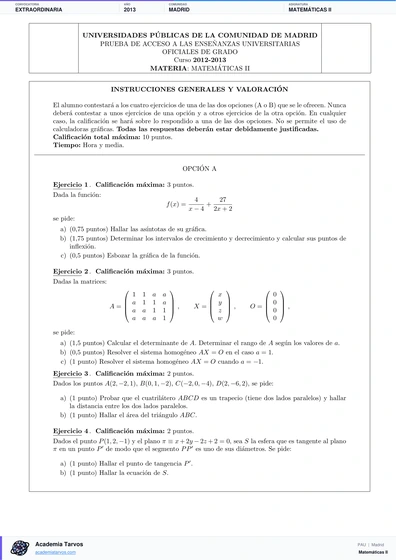 Vista previa de Examen PAU de Matemáticas II de Comunidad de Madrid 2013 – Extraordinaria