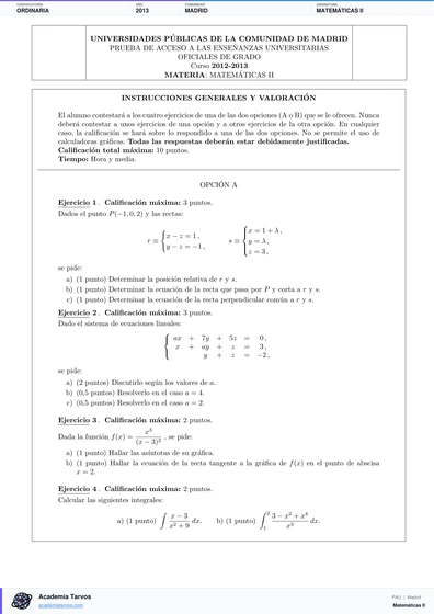 Vista previa de Examen PAU de Matemáticas II de Comunidad de Madrid 2013 – Ordinaria