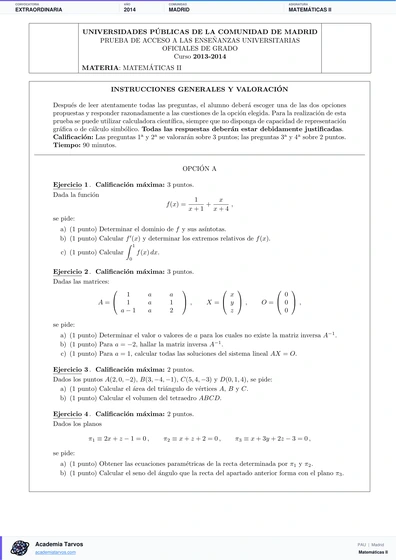 Vista previa de Examen PAU de Matemáticas II de Comunidad de Madrid 2014 – Extraordinaria