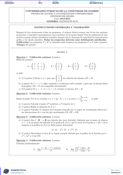 Vista previa de Examen PAU de Matemáticas II de Comunidad de Madrid 2014 – Ordinaria