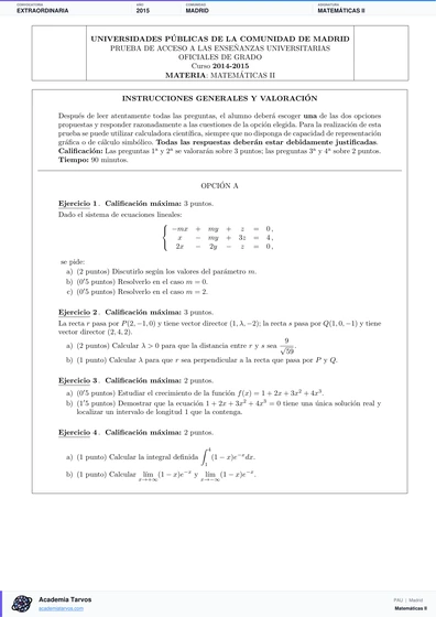 Vista previa de Examen PAU de Matemáticas II de Comunidad de Madrid 2015 – Extraordinaria