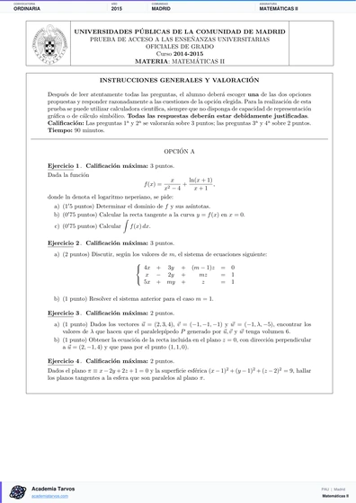 Vista previa de Examen PAU de Matemáticas II de Comunidad de Madrid 2015 – Ordinaria