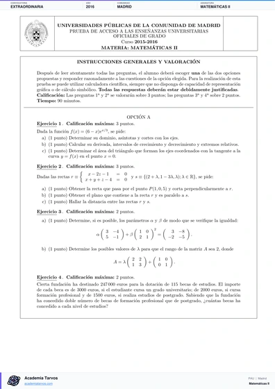 Vista previa de Examen PAU de Matemáticas II de Comunidad de Madrid 2016 – Extraordinaria