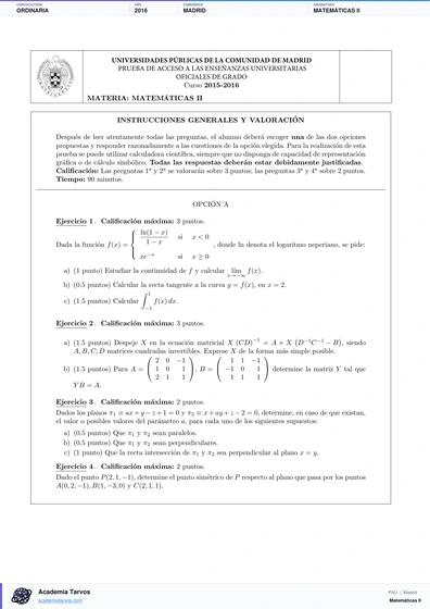 Vista previa de Examen PAU de Matemáticas II de Comunidad de Madrid 2016 – Ordinaria