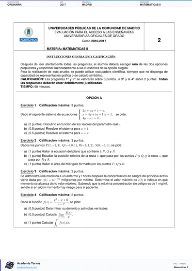 Vista previa de Examen PAU de Matemáticas II de Comunidad de Madrid 2017 – Ordinaria