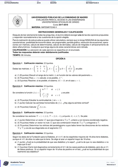 Vista previa de Examen PAU de Matemáticas II de Comunidad de Madrid 2018 – Extraordinaria