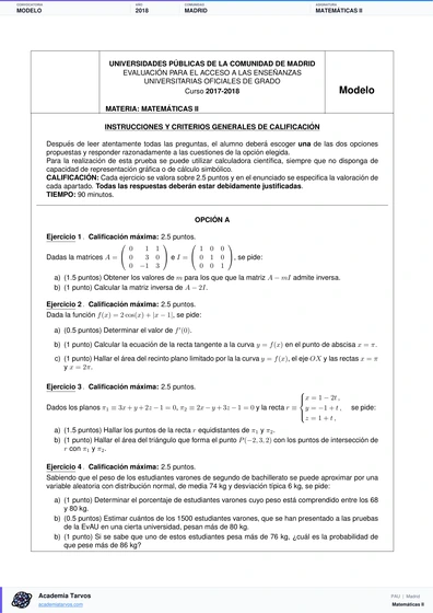 Vista previa de Modelo PAU de Matemáticas II de Comunidad de Madrid 2018