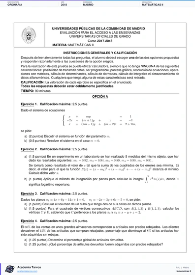 Vista previa de Examen PAU de Matemáticas II de Comunidad de Madrid 2018 – Ordinaria
