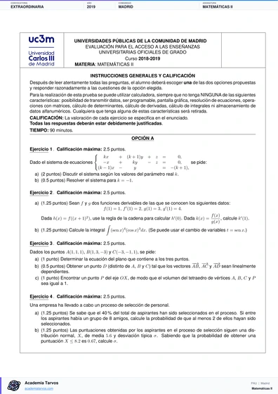 Vista previa de Examen PAU de Matemáticas II de Comunidad de Madrid 2019 – Extraordinaria