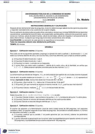 Vista previa de Modelo PAU de Matemáticas II de Comunidad de Madrid 2019