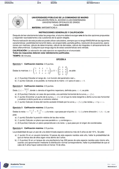 Vista previa de Examen PAU de Matemáticas II de Comunidad de Madrid 2019 – Ordinaria