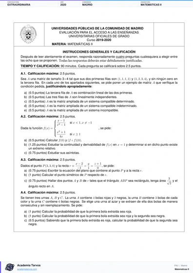 Vista previa de Examen PAU de Matemáticas II de Comunidad de Madrid 2020 – Extraordinaria