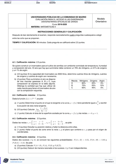 Vista previa de Modelo PAU de Matemáticas II de Comunidad de Madrid 2020