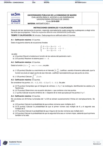 Vista previa de Examen PAU de Matemáticas II de Comunidad de Madrid 2020 – Ordinaria   Coindicencias