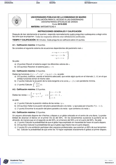 Vista previa de Examen PAU de Matemáticas II de Comunidad de Madrid 2020 – Ordinaria