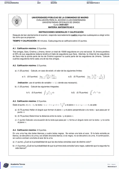Vista previa de Examen PAU de Matemáticas II de Comunidad de Madrid 2021 – Extraordinaria