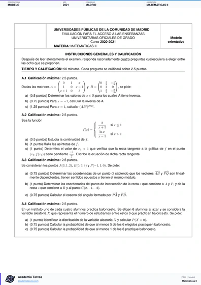 Vista previa de Modelo PAU de Matemáticas II de Comunidad de Madrid 2021