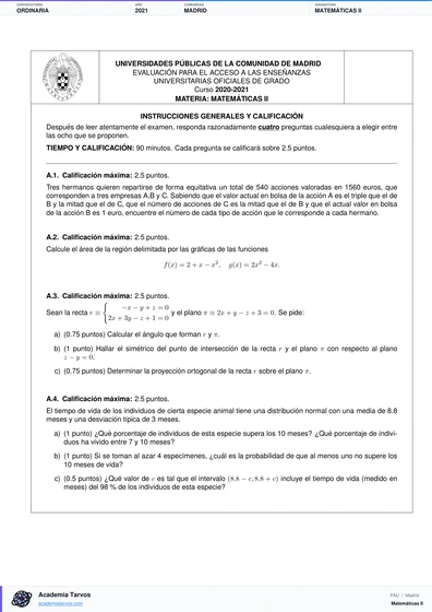Vista previa de Examen PAU de Matemáticas II de Comunidad de Madrid 2021 – Ordinaria
