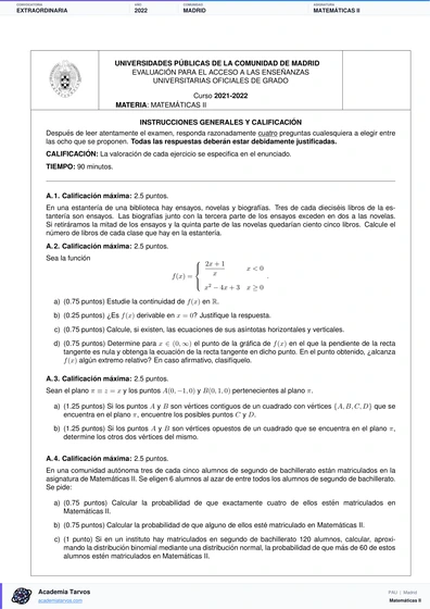 Vista previa de Examen PAU de Matemáticas II de Comunidad de Madrid 2022 – Extraordinaria