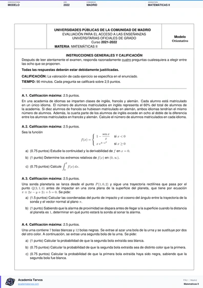Vista previa de Modelo PAU de Matemáticas II de Comunidad de Madrid 2022