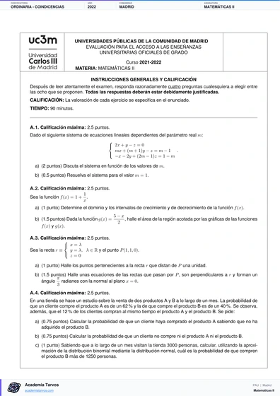 Vista previa de Examen PAU de Matemáticas II de Comunidad de Madrid 2022 – Ordinaria   Coindicencias