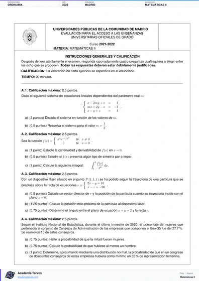 Vista previa de Examen PAU de Matemáticas II de Comunidad de Madrid 2022 – Ordinaria