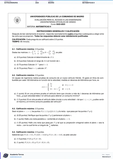 Vista previa de Examen PAU de Matemáticas II de Comunidad de Madrid 2023 – Extraordinaria